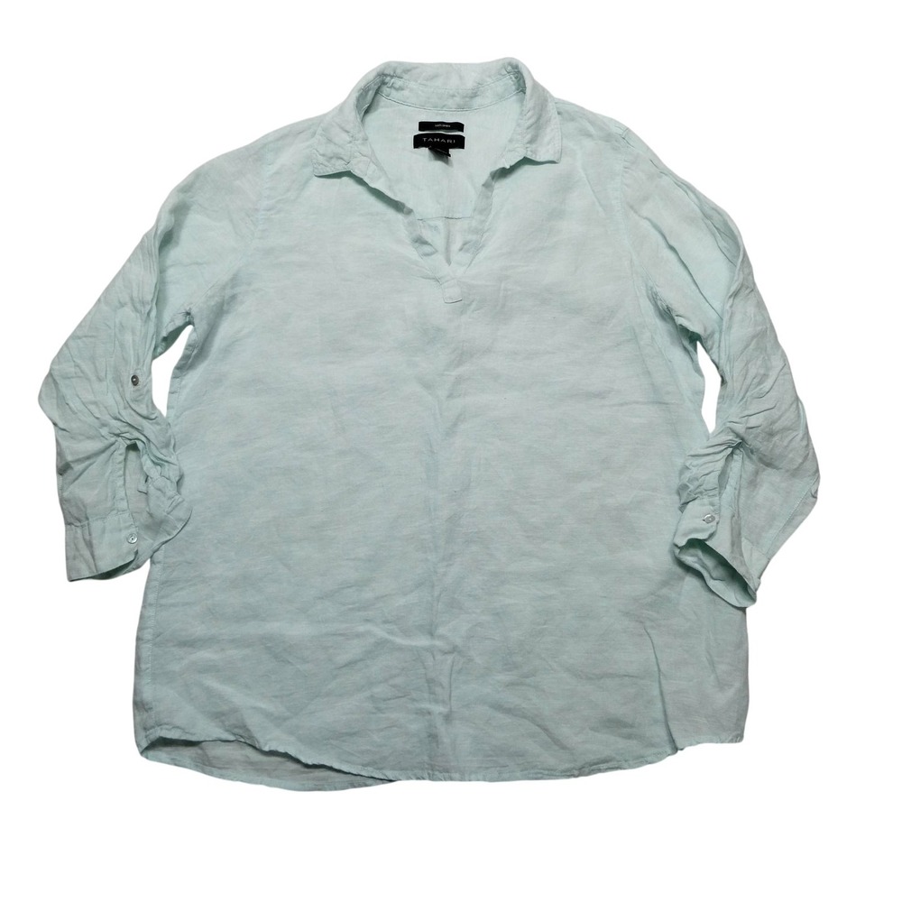 Tahari Blouse Womens 1X Green Collared Long Roll Tab Sleeve Linen Tunic Top